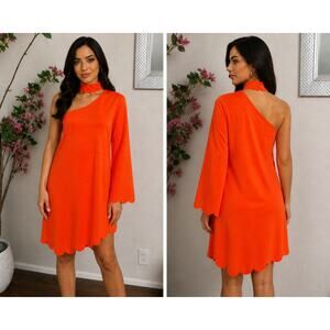 Medium Coral One Shoulder Asymmetrical Dress Choker Neck Midi Dress NWT
